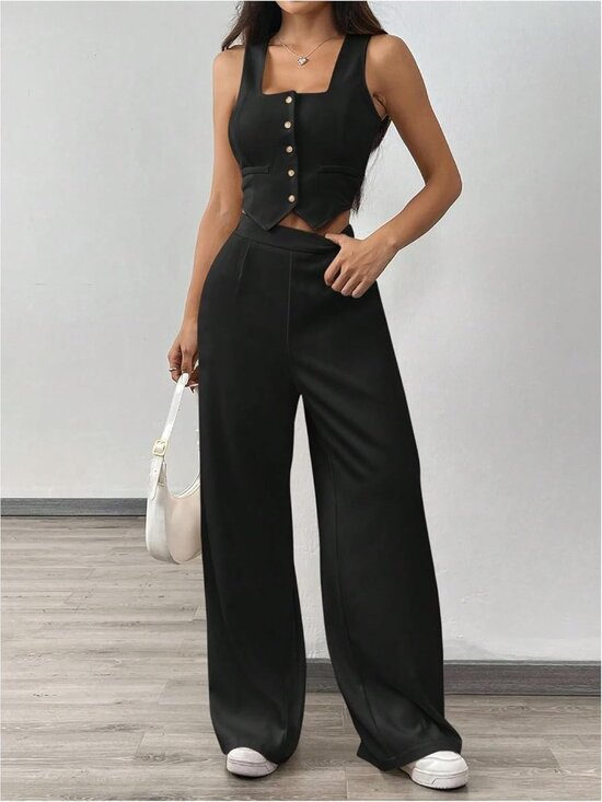 🆕Women's Black 2 Piece Sets Wide Leg Pants Outfits Sleeveless Blazer Vest Suits - Picture 5 of 6